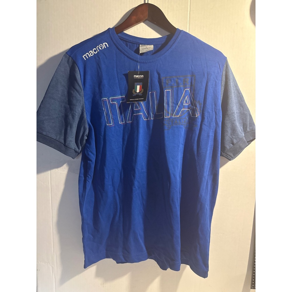 Macron Italia FIR Rugby Mens Blue Graphic T-Shirt Large Official Licensed NWT